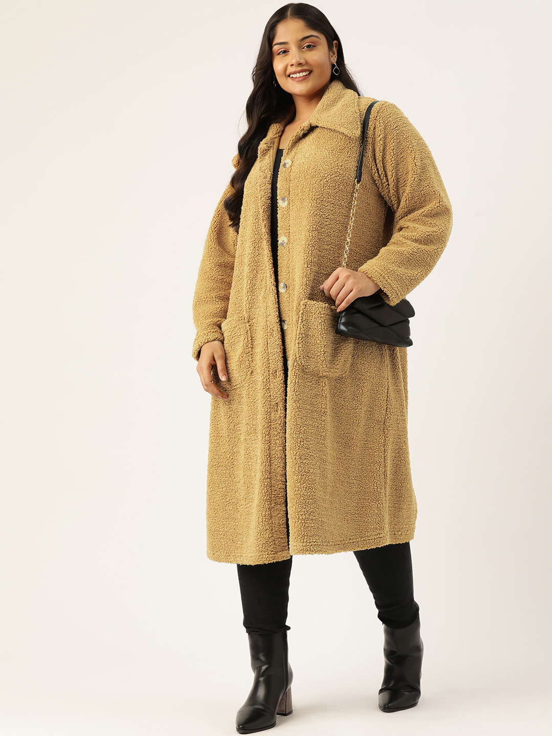 Women's Plus Size Camel Brown Color Teddy Winter Longline Jacket