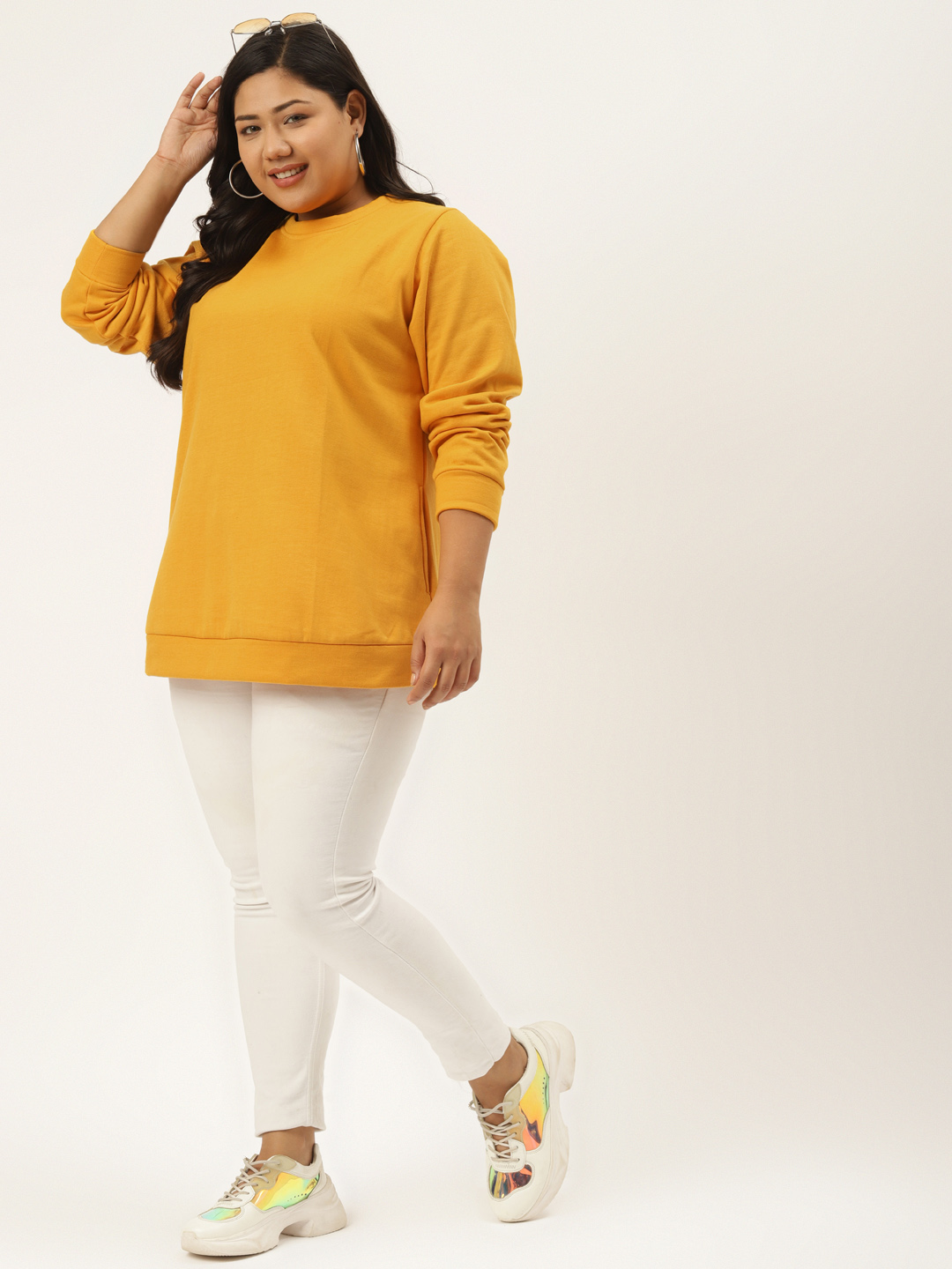 theRebelinme Plus Women's Mustard solid color knitted Fleece sweatshirt