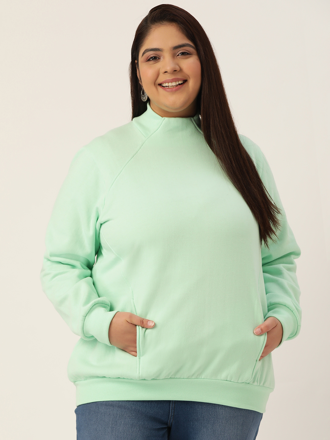 Women's Plus Size Sea Green Solid Color Fleece Winter Ribbed Sweatshirt