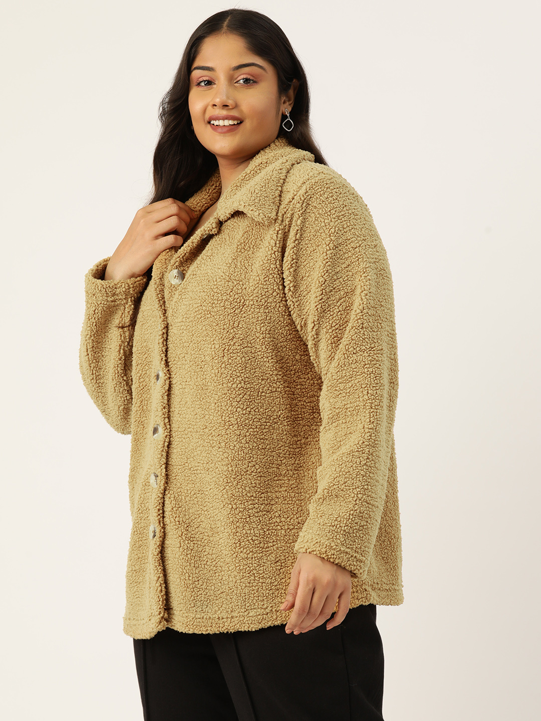 Women's Plus Size Camel Brown Color Teddy Winter Jacket