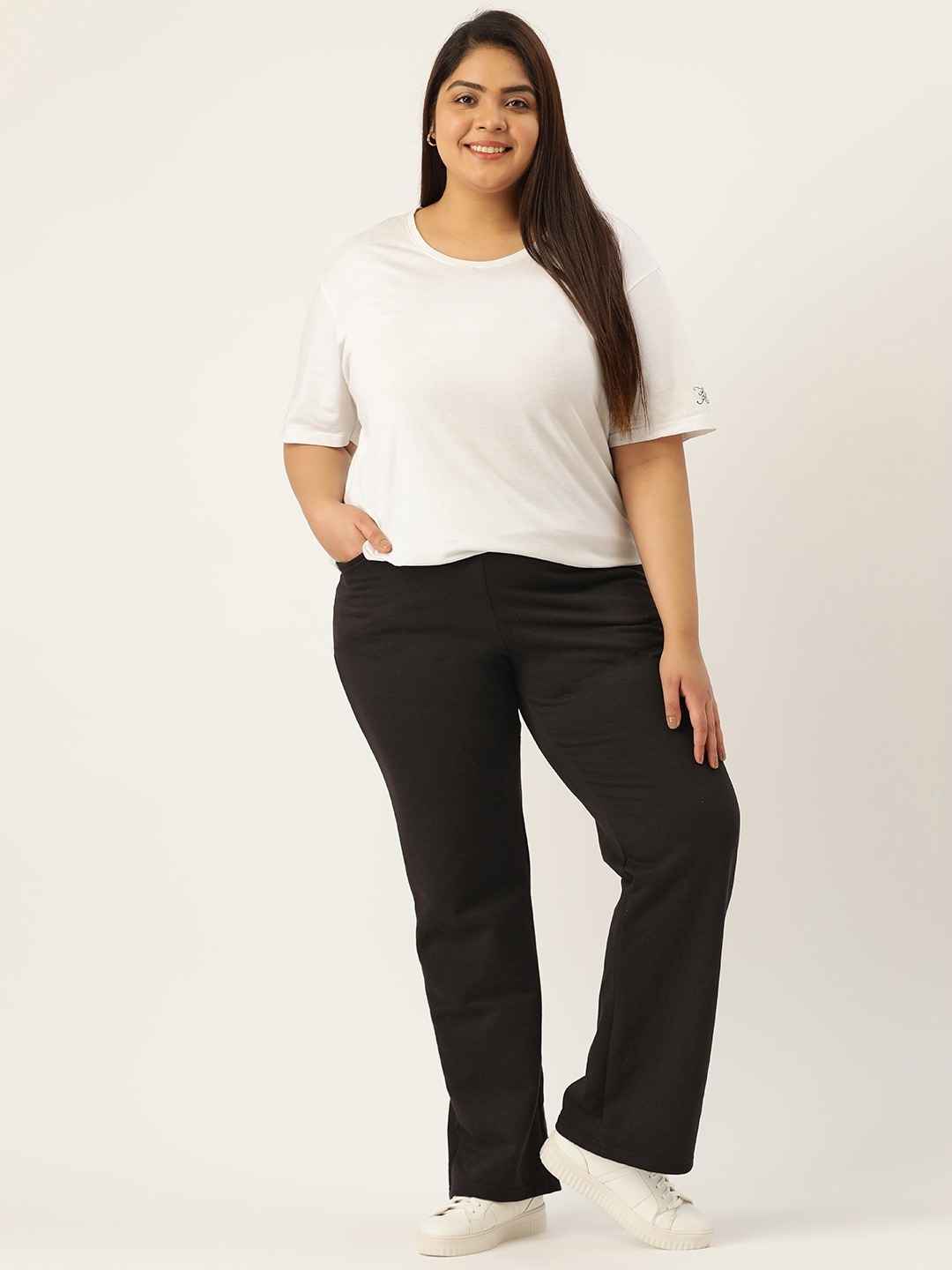 Women's Plus Size Black solid color knitted fleece trousers