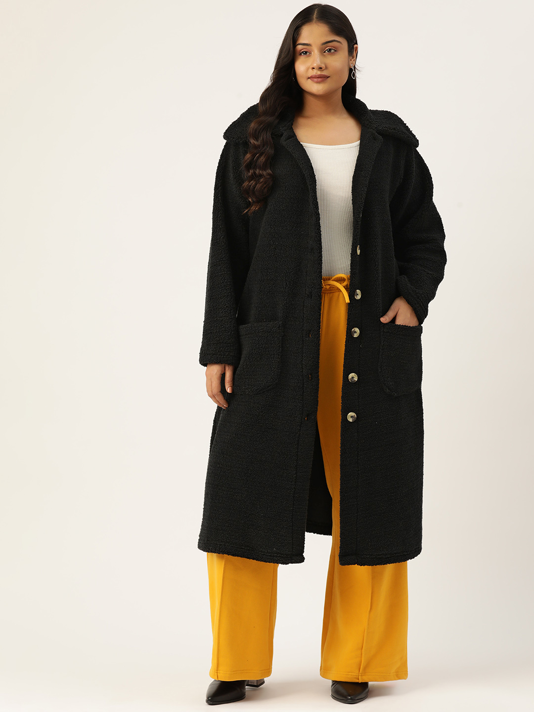 Women's Plus Size Black Color Teddy Winter Longline Jacket