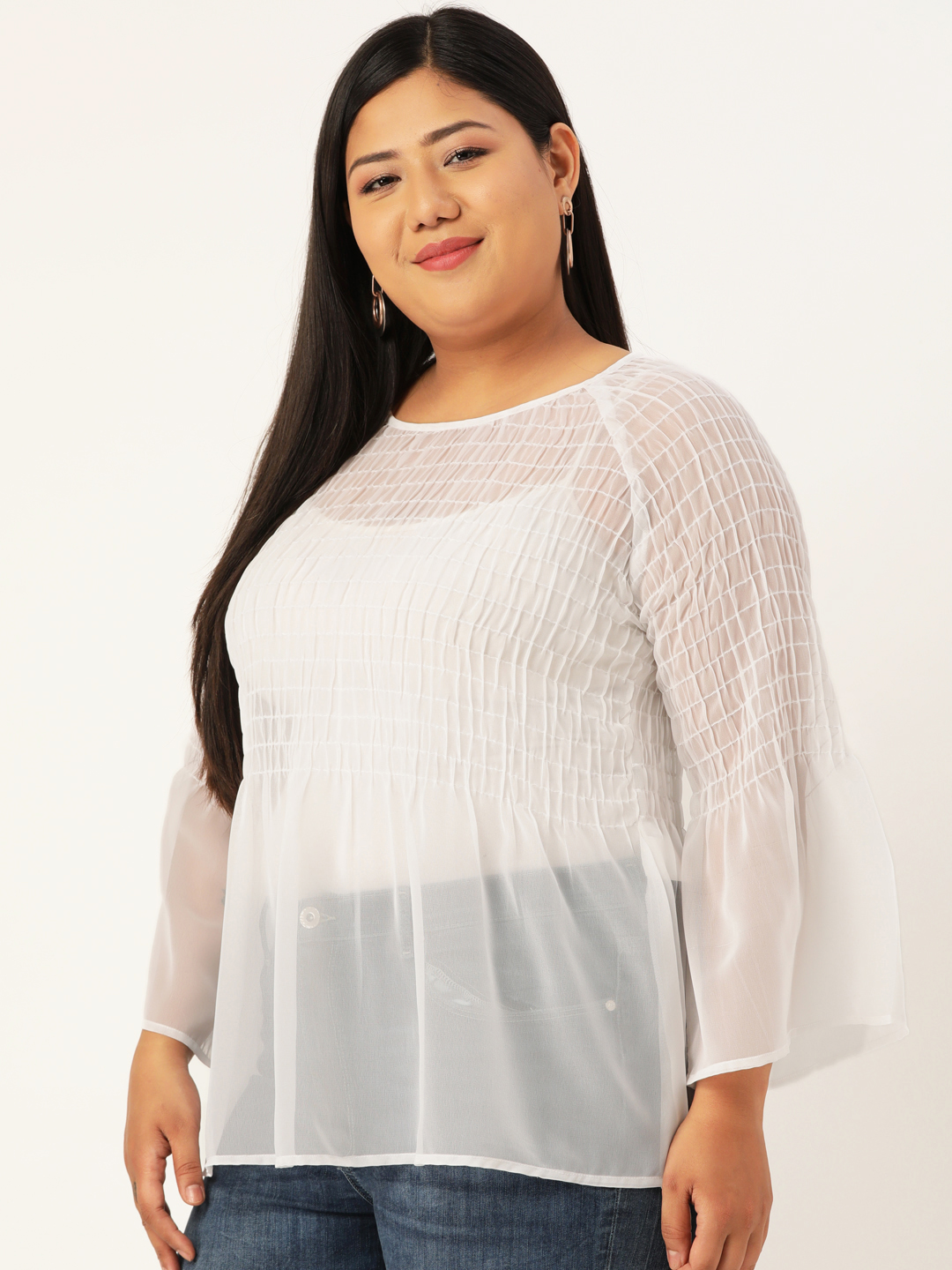 Women's Plus Size White Solid Color Semi Sheer Smocked A-Line Top