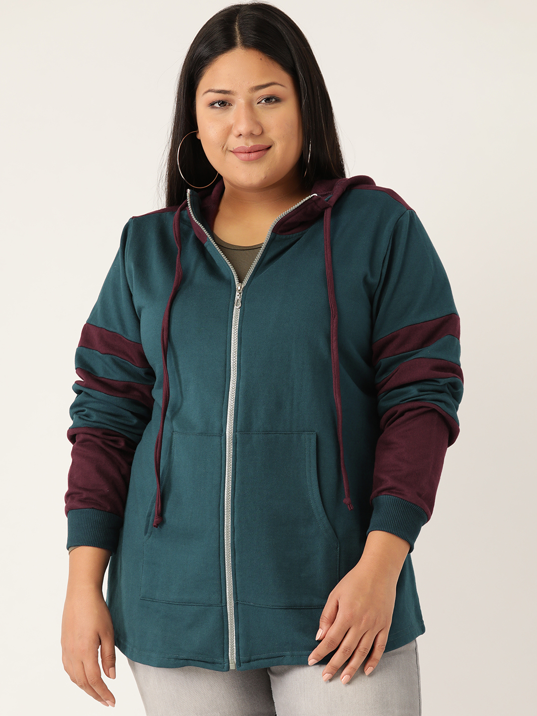 Women's Plus Size Teal and Burgundy Solid Color Block Fleece Jackets