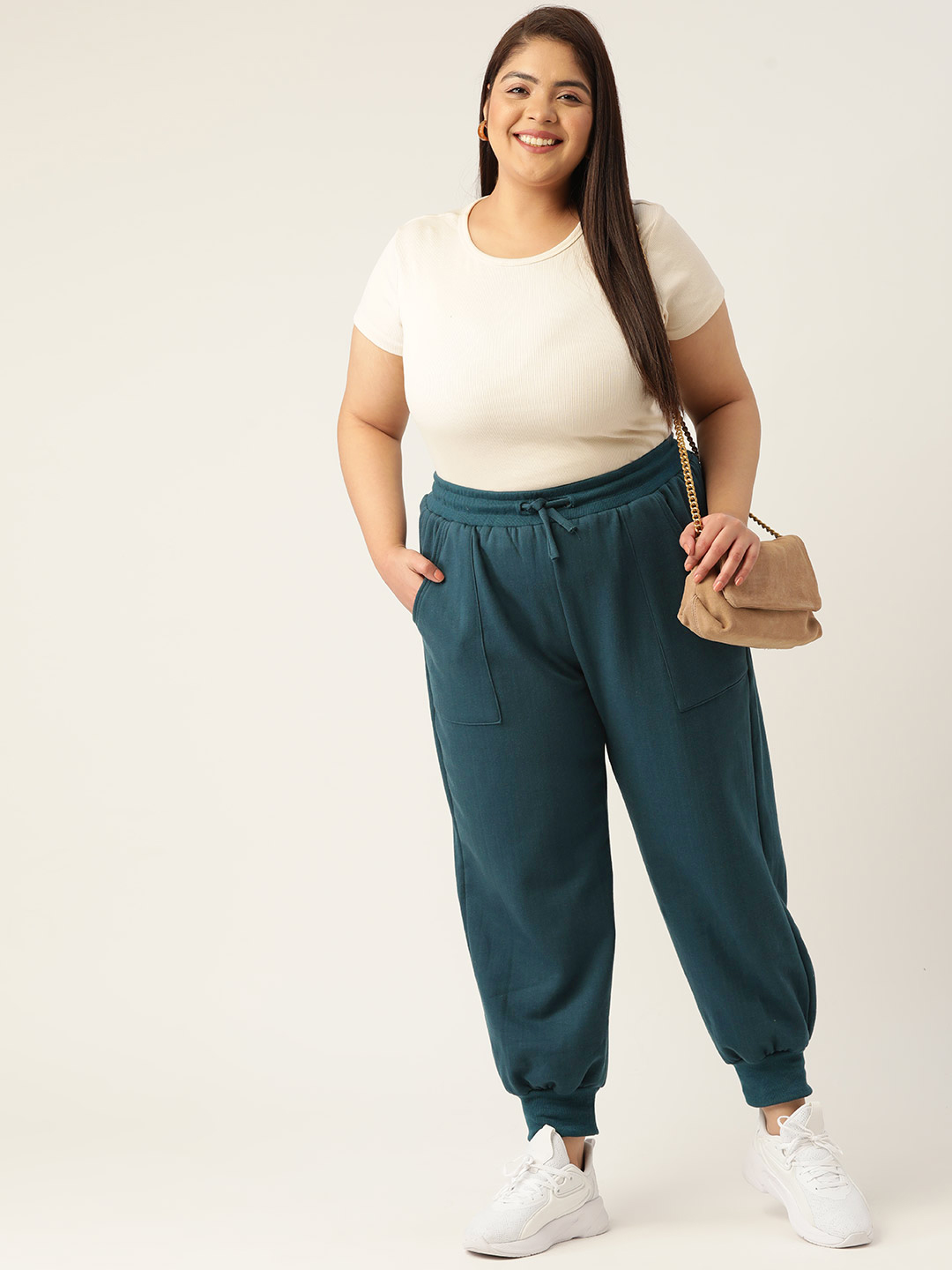 Women's Plus Size Teal Solid Color Fleece Winter Tapered Trouser
