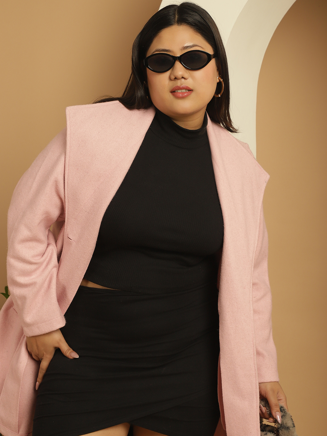 Women's Plus Size Pink Solid Color Single breasted Longline Felt Jacket