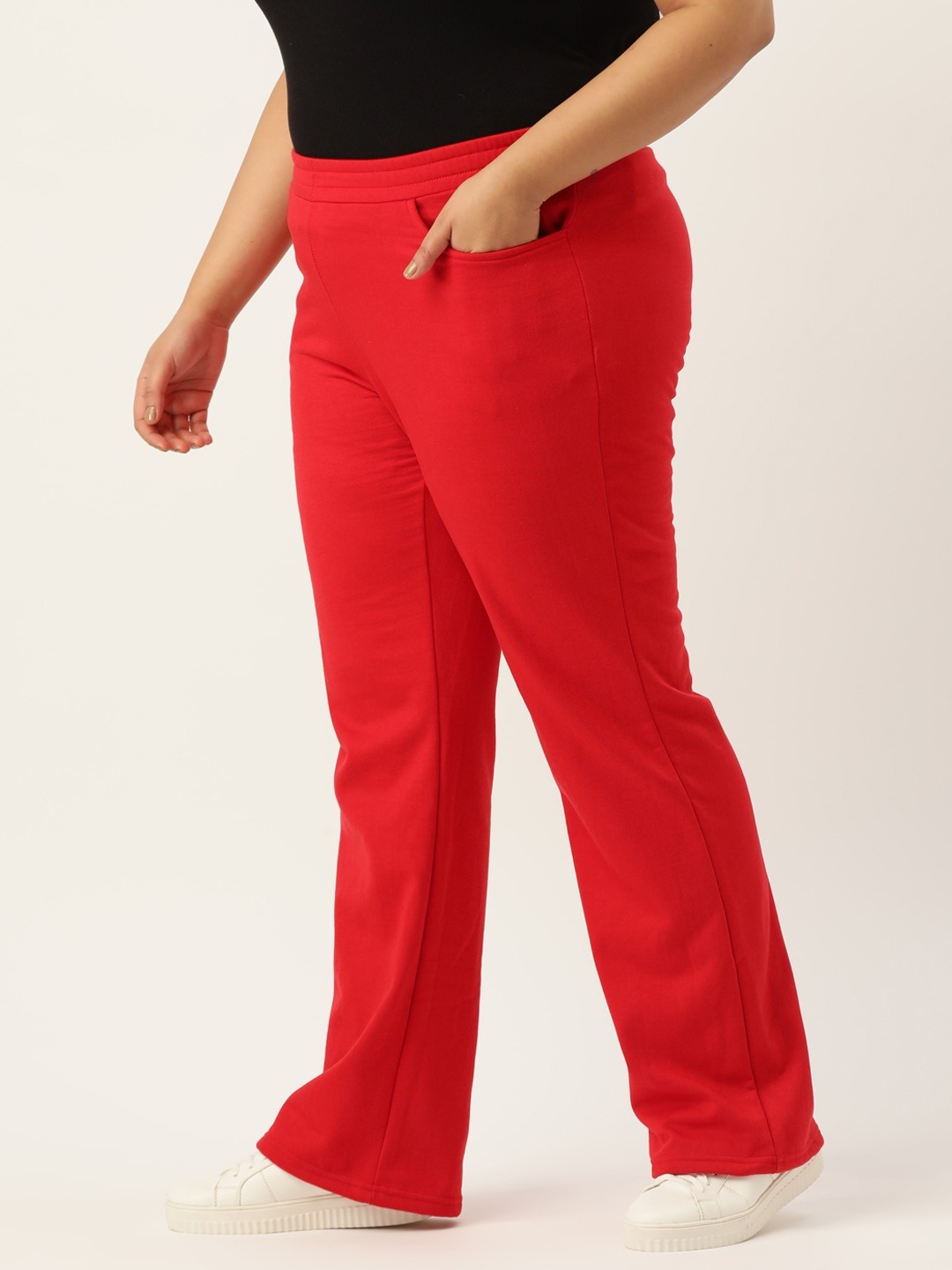 Women's Plus Size Red solid color knitted fleece trousers