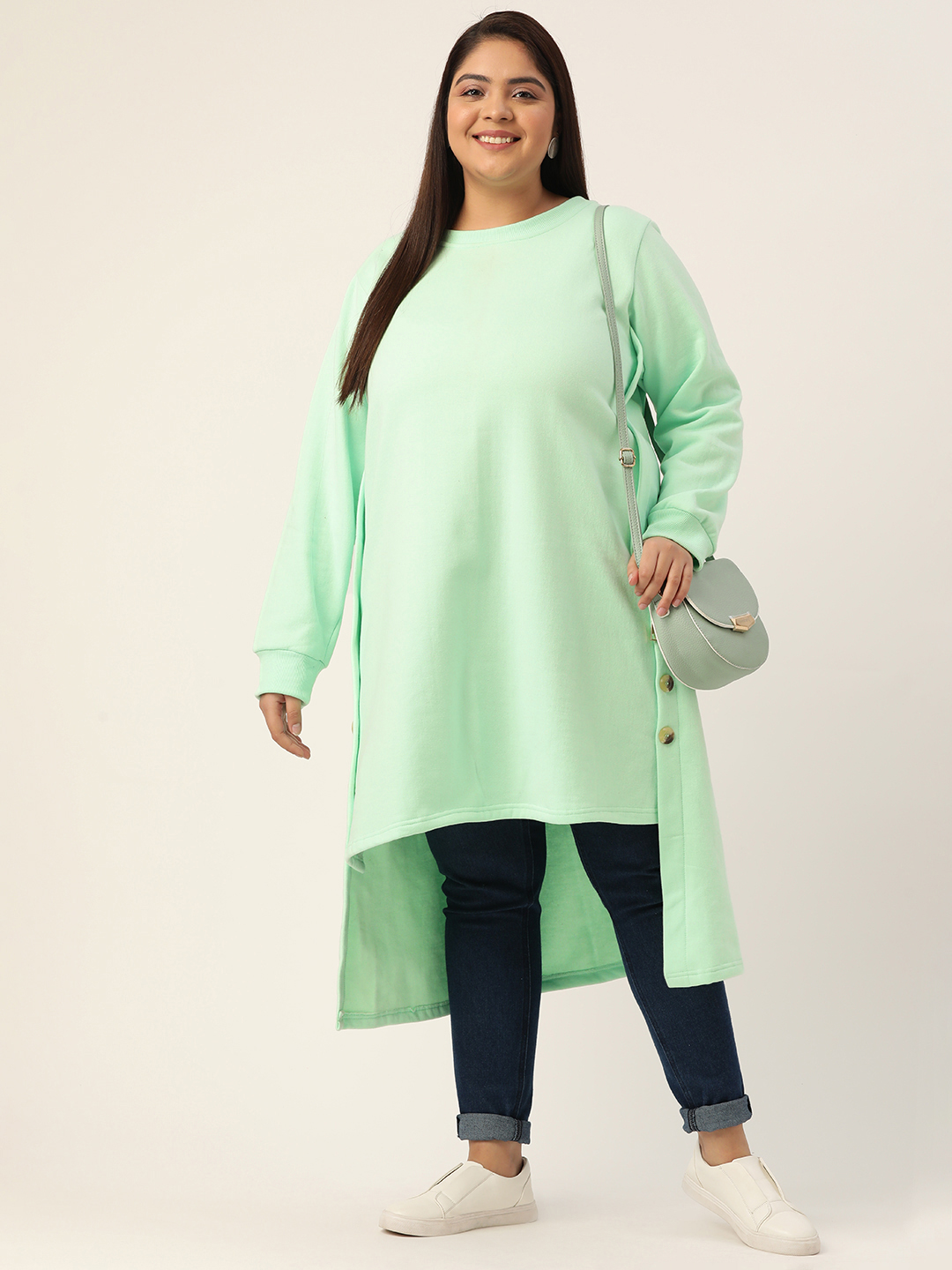Women's Plus Size Sea Green Solid Color Fleece Winter Longline Top
