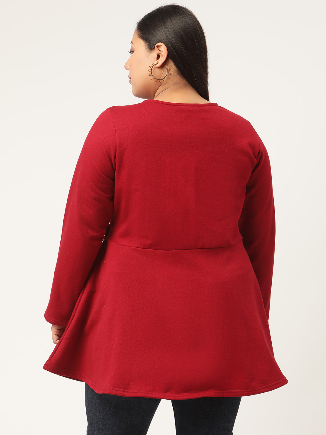 Women's Plus Size Maroon Solid Color Fleece Peplum Top