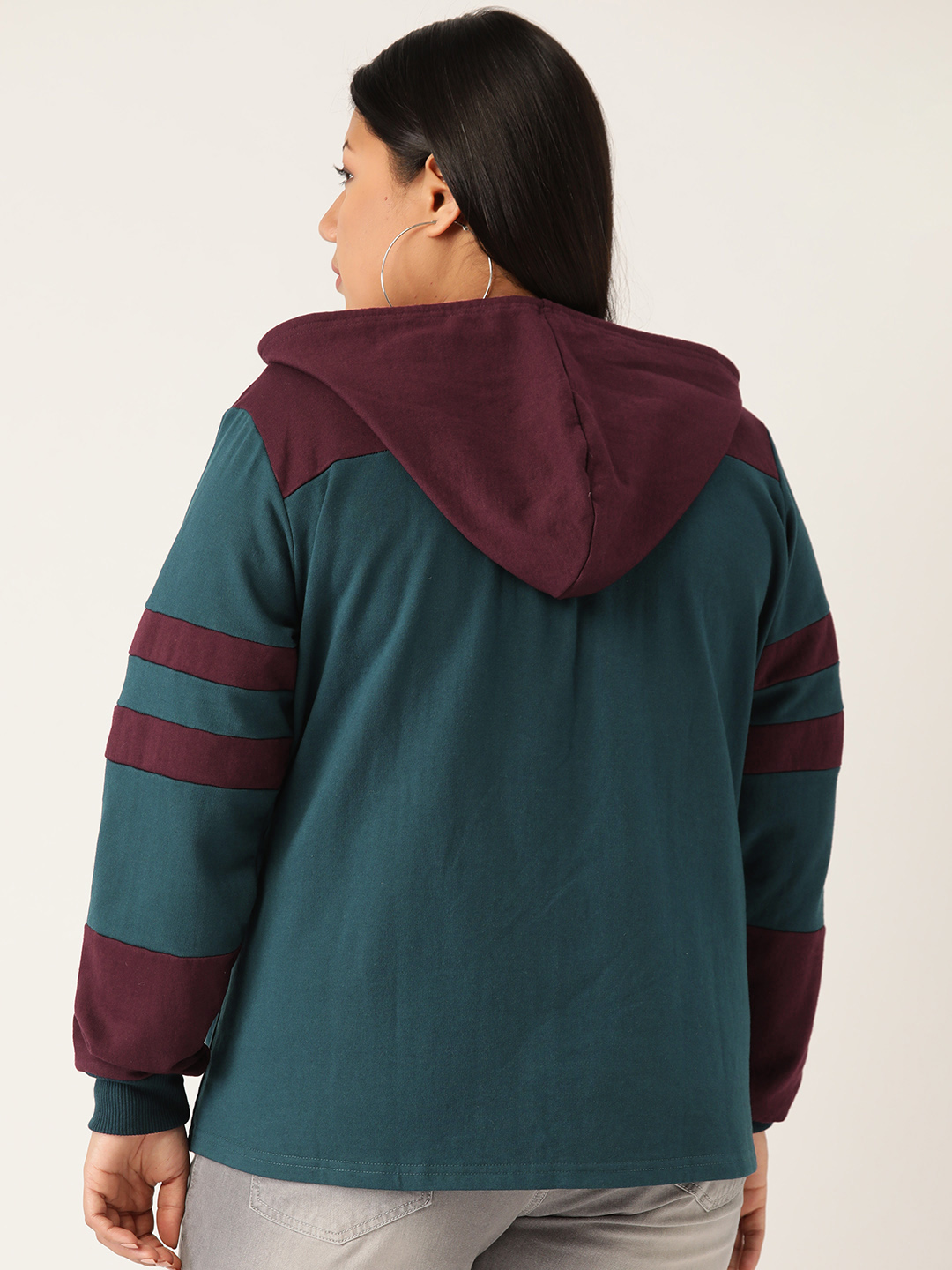Women's Plus Size Teal and Burgundy Solid Color Block Fleece Jackets