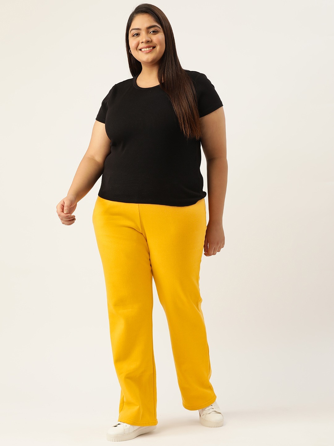 Women's Plus Size Mustard solid color knitted fleece trousers