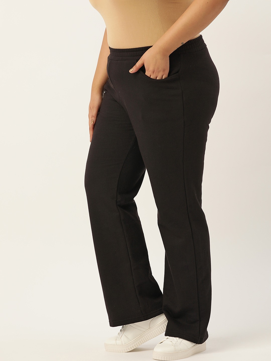Women's Plus Size Black solid color knitted fleece trousers