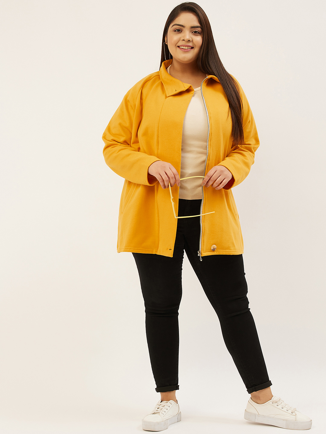 Women's Plus Size Mustard Solid Color Fleece Winter Tailored Jacket