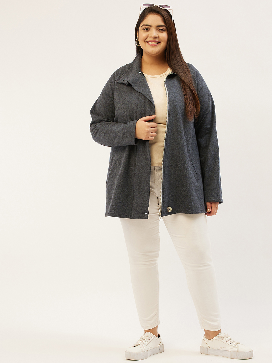 Women's Plus Size Charcoal Grey Solid Color Fleece Winter Tailored Jacket
