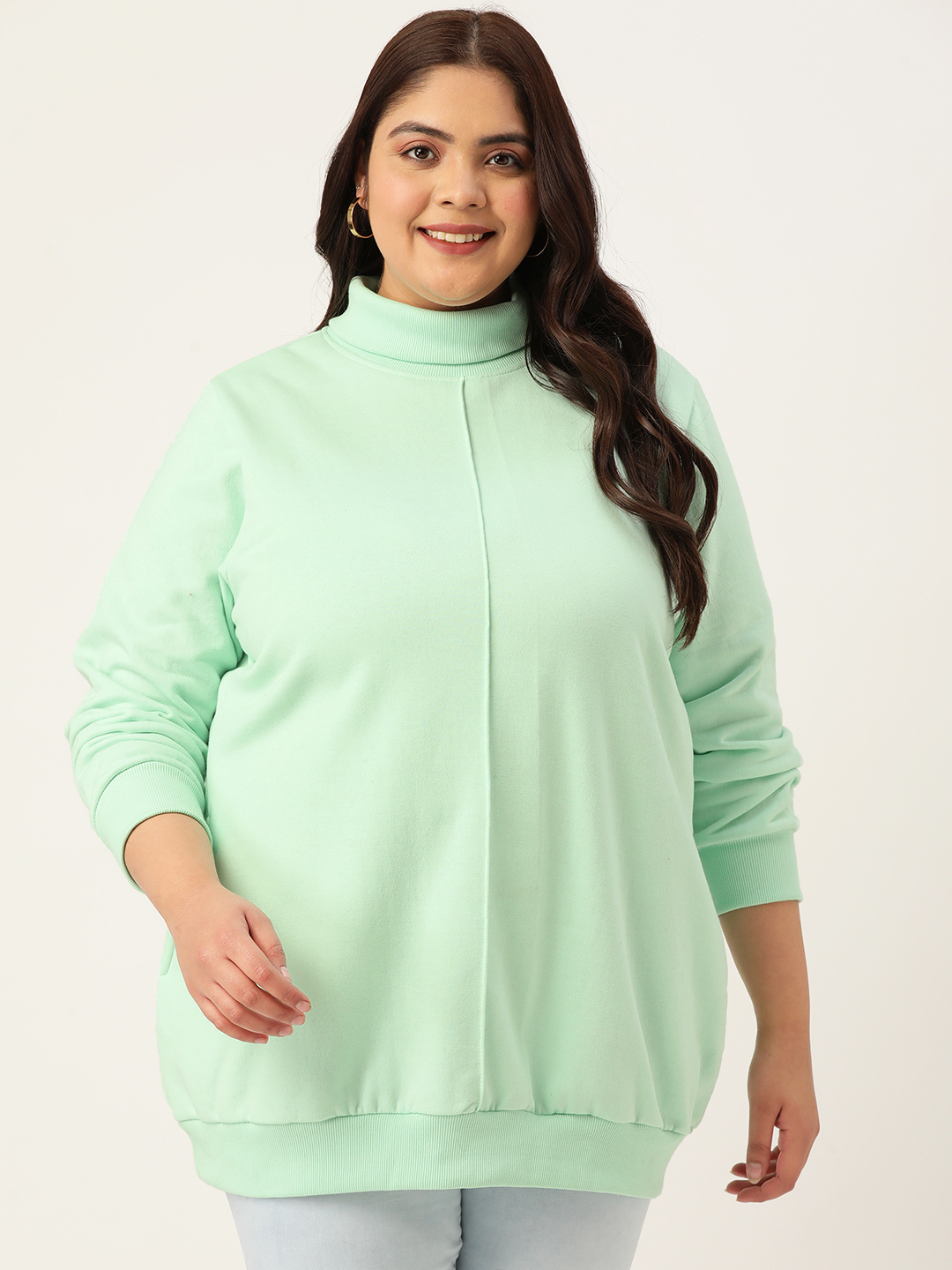 Women's Plus Size Sea Green Solid Color Fleece Winter Sweatshirt