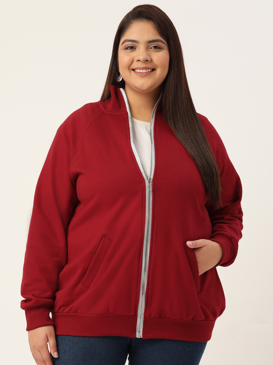 Women's Plus Size Maroon Solid Color Fleece Winter Jacket