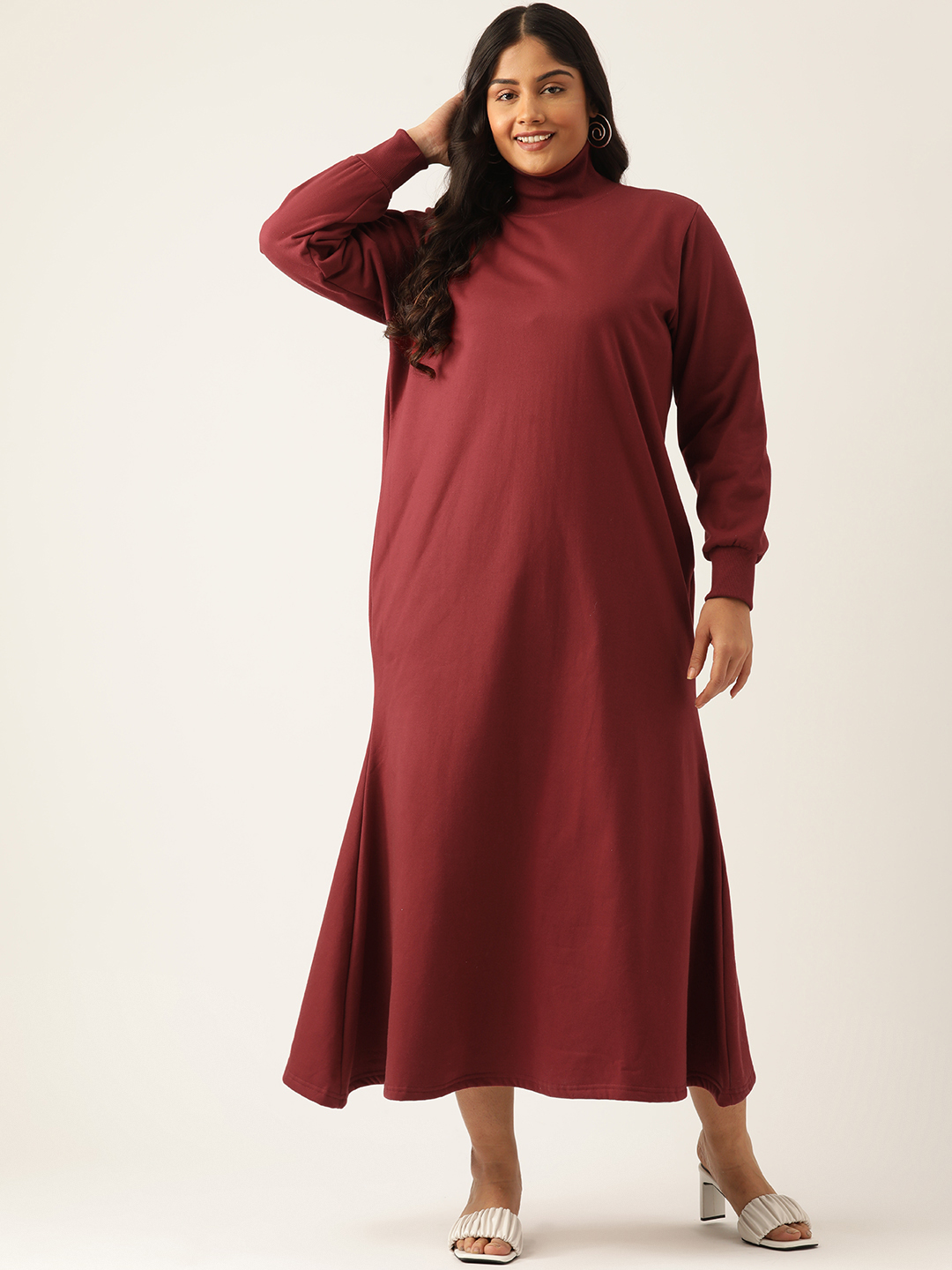 Women's Plus Size Maroon solid color knitted Fleece Maxi Dress