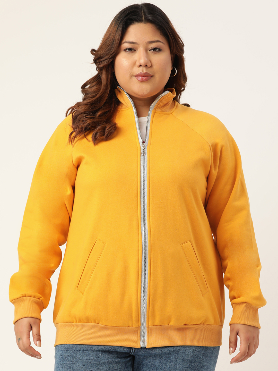 Women's Plus Size Yellow Solid Color Fleece Winter Jacket