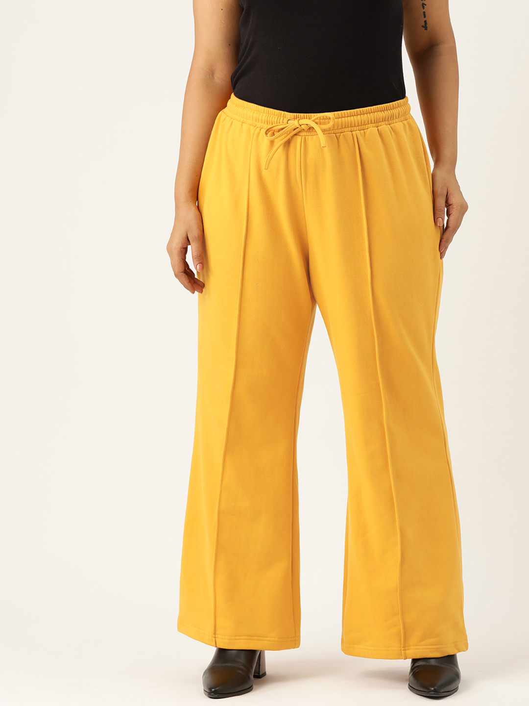Women's Plus Size Yellow Solid Color Fleece Winter Trouser