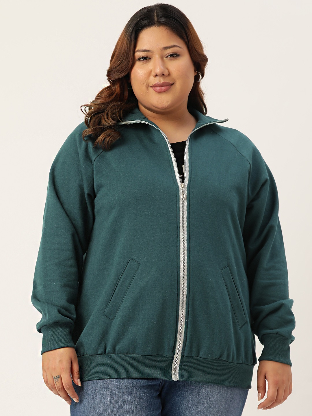 Women's Plus Size Teal Solid Color Fleece Winter Jacket