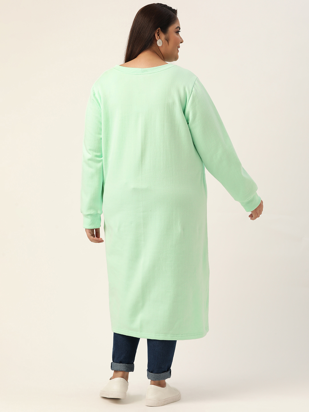 Women's Plus Size Sea Green Solid Color Fleece Winter Longline Top