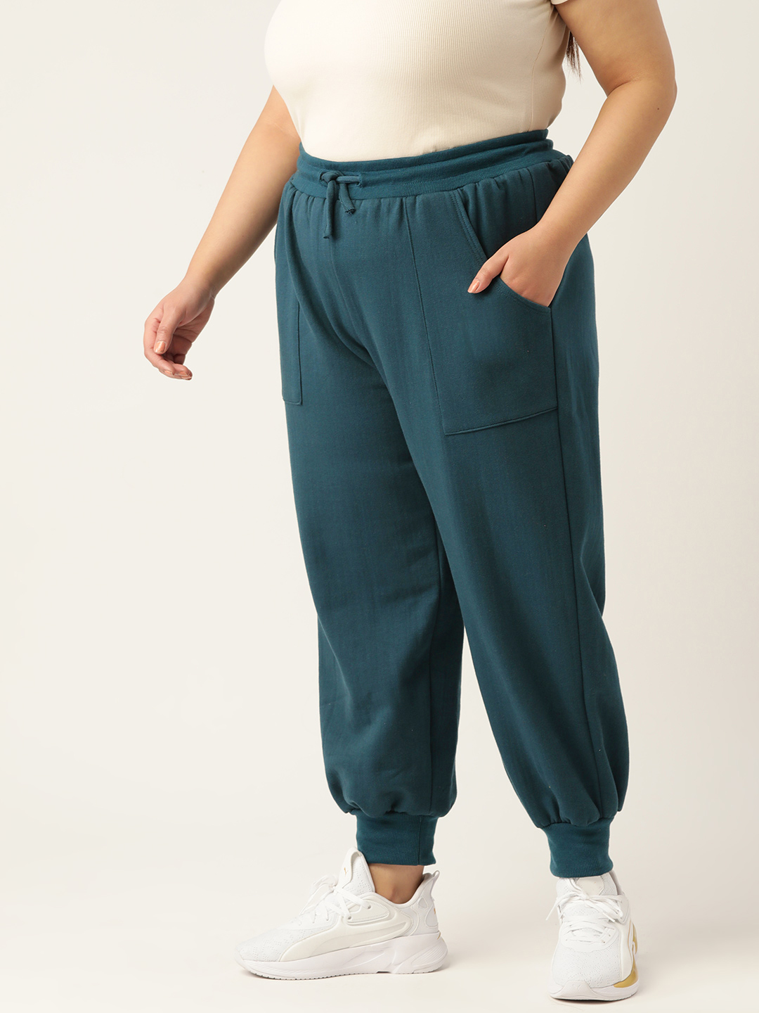 Women's Plus Size Teal Solid Color Fleece Winter Tapered Trouser