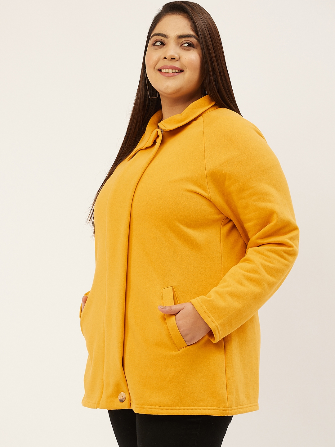 Women's Plus Size Mustard Solid Color Fleece Winter Tailored Jacket
