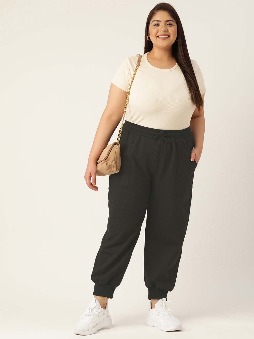 Women's Plus Size Black Solid Color Fleece Winter Tapered Trouser