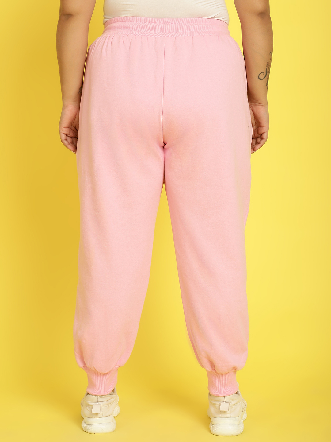 Women's Plus Size Light Pink Solid Color Fleece Winter Tapered Trouser