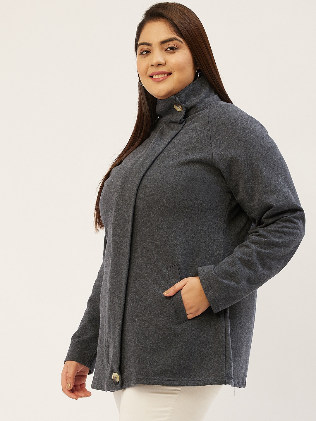 Women's Plus Size Charcoal Grey Solid Color Fleece Winter Tailored Jacket