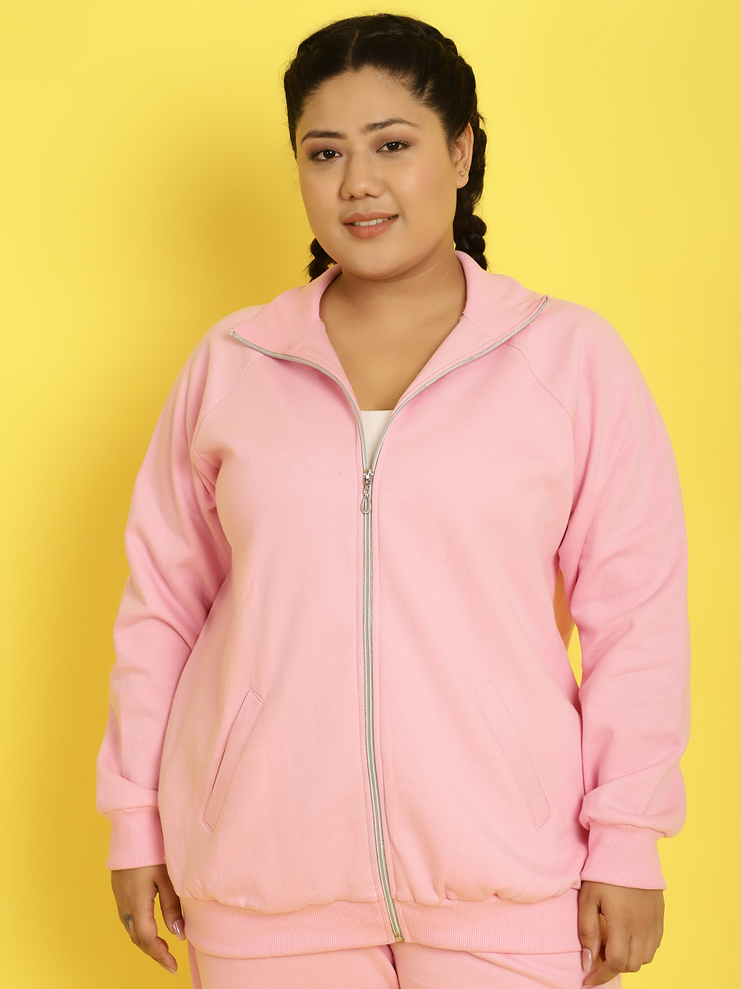 Women's Plus Size Light Pink Solid Color Fleece Winter Jacket