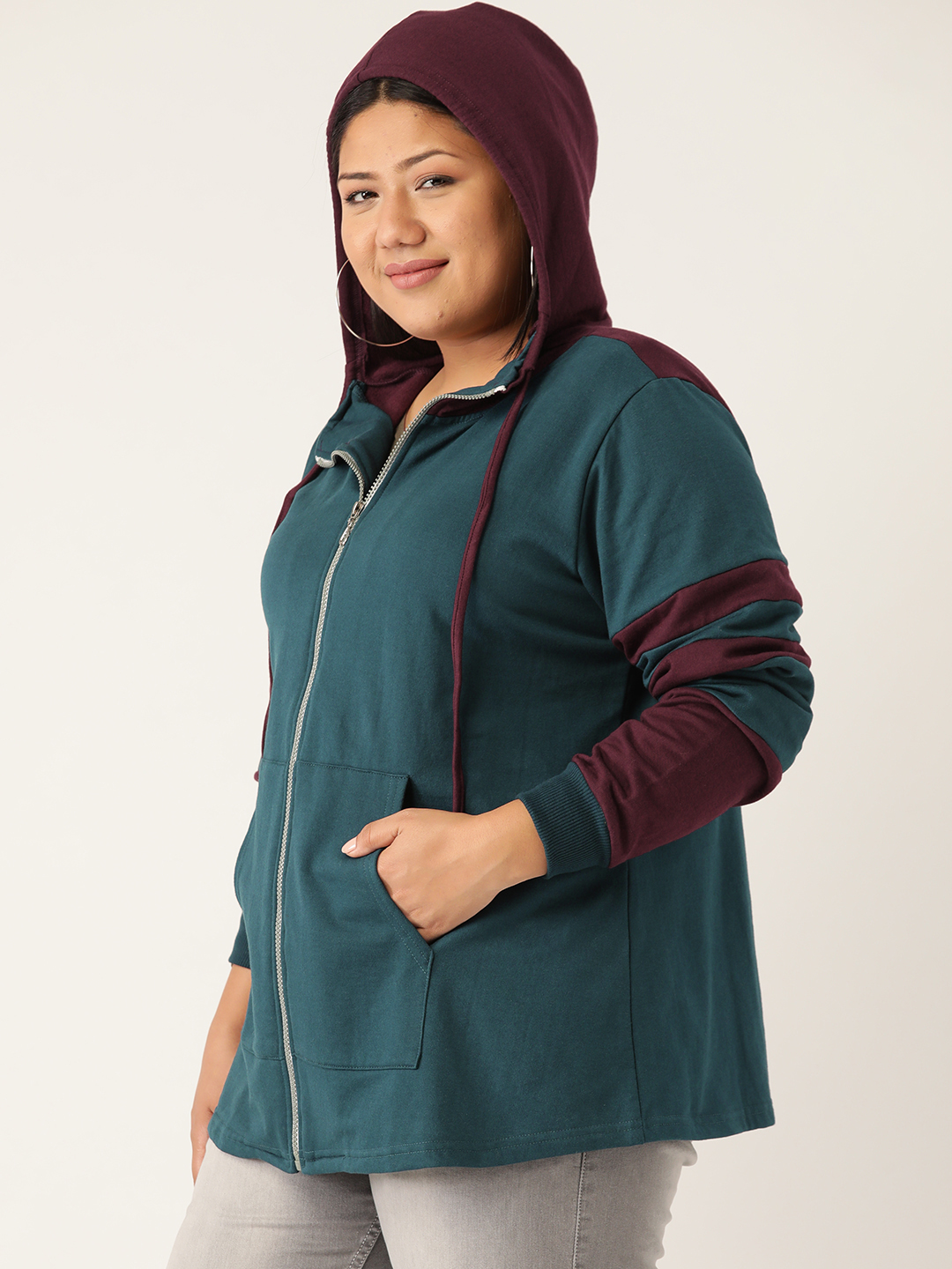 Women's Plus Size Teal and Burgundy Solid Color Block Fleece Jackets