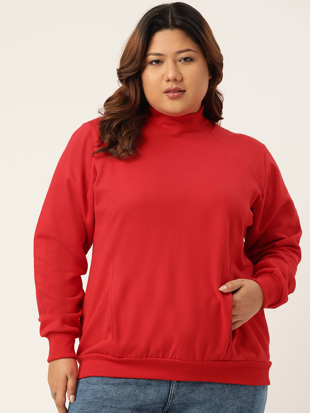 Women's Plus Size Red Solid Color Fleece Winter Ribbed Sweatshirt