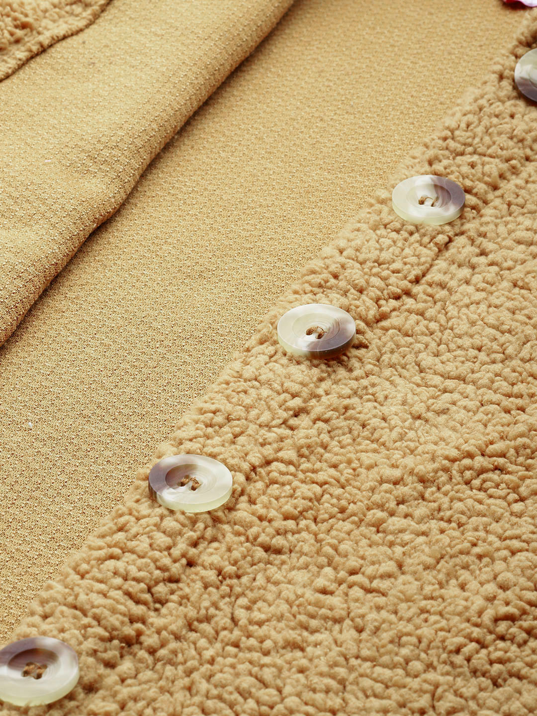 Women's Plus Size Camel Brown Color Teddy Winter Jacket