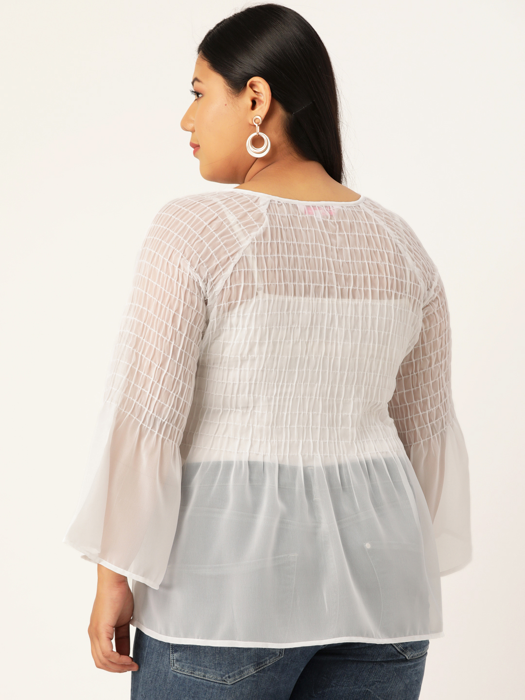 Women's Plus Size White Solid Color Semi Sheer Smocked A-Line Top