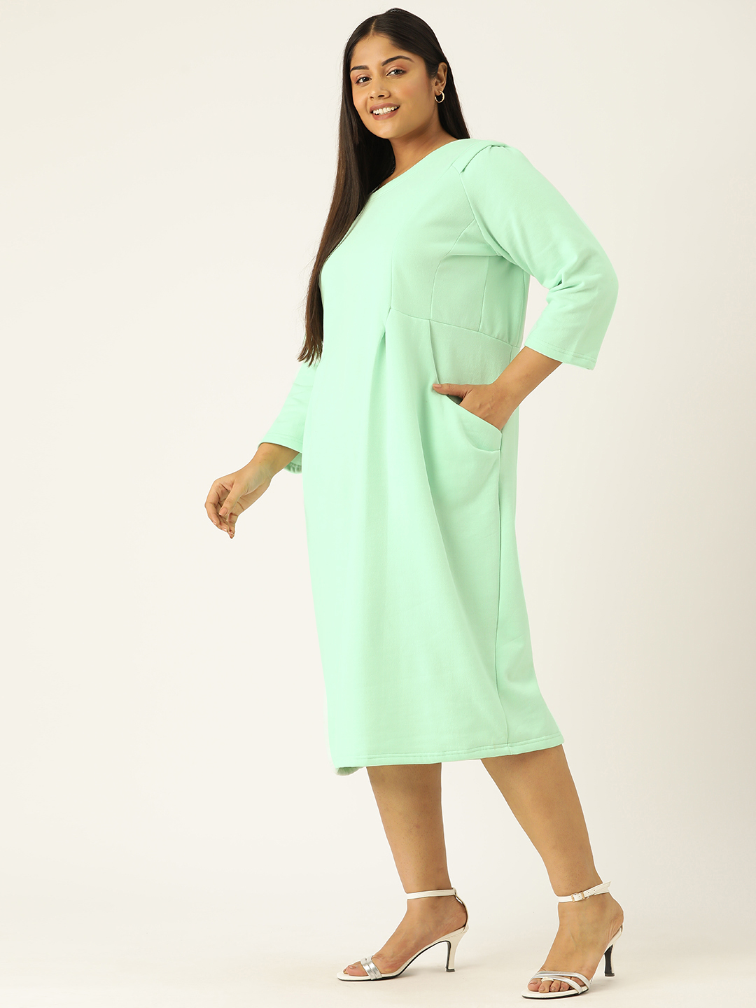 Women's Plus Size Sea Green solid color winter sheath knitted dress