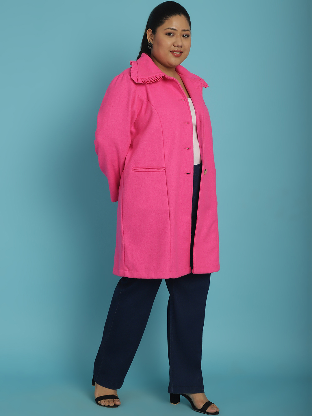 Women's Plus Size Dark Pink Solid Color Longline Felt Jacket