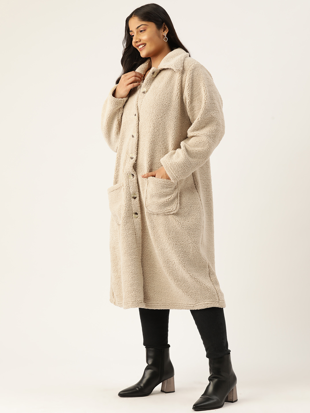 Women's Plus Size Off White Color Teddy Winter Longline Jacket