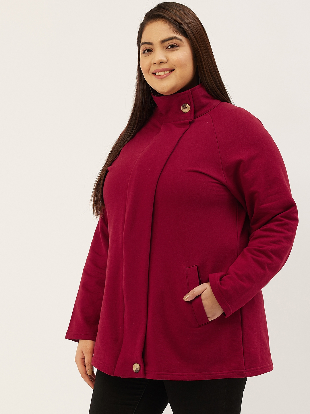 Women's Plus Size Maroon Solid Color Fleece Winter Tailored Jacket