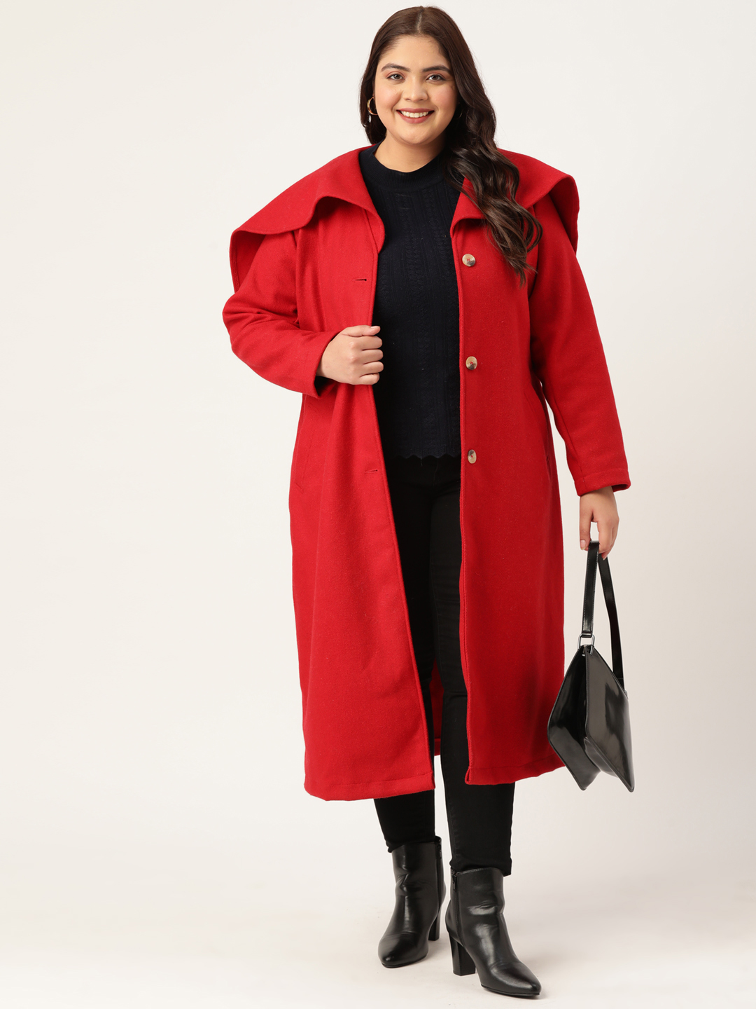 Women's Plus Size Red Solid Color Longline Felt Jacket