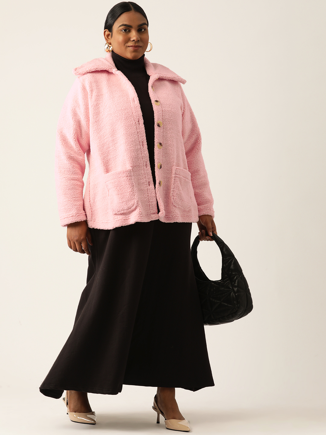 Women's Plus Size Pink Color Teddy Winter Jacket