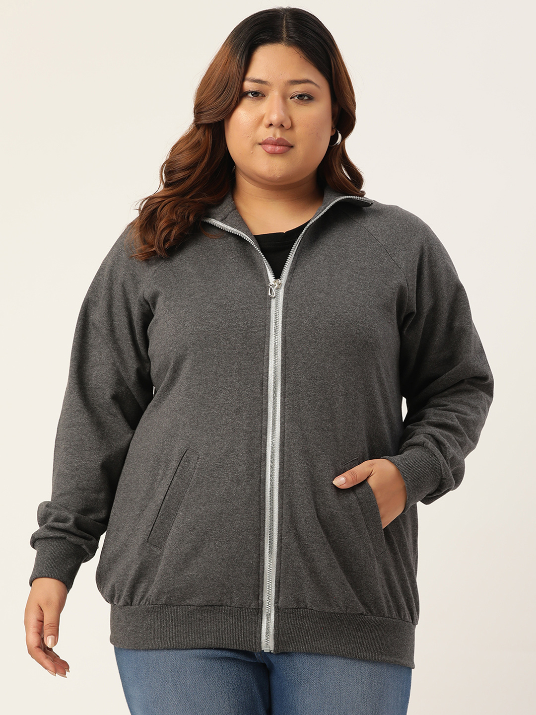 Women's Plus Size Charcoal Grey Solid Color Fleece Winter Jacket