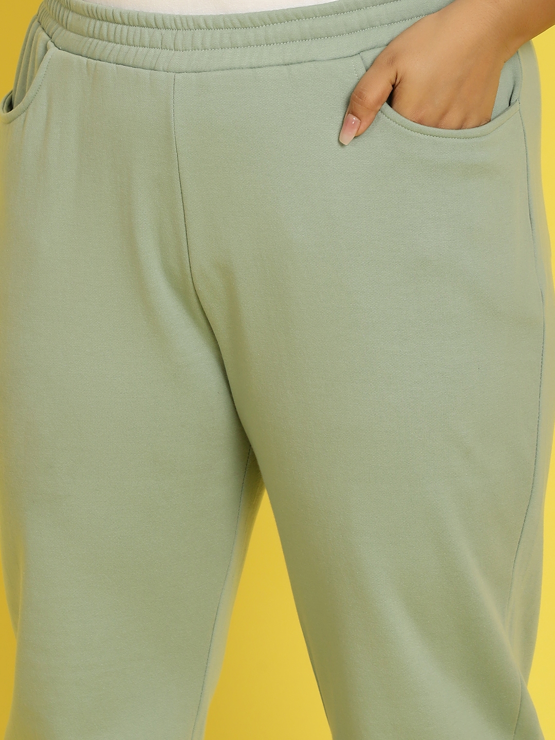 Women's Plus Size Light Green solid color knitted fleece trousers