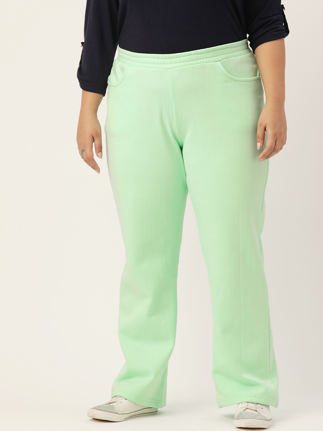 Women's Plus Size Sea Green solid color knitted fleece trousers