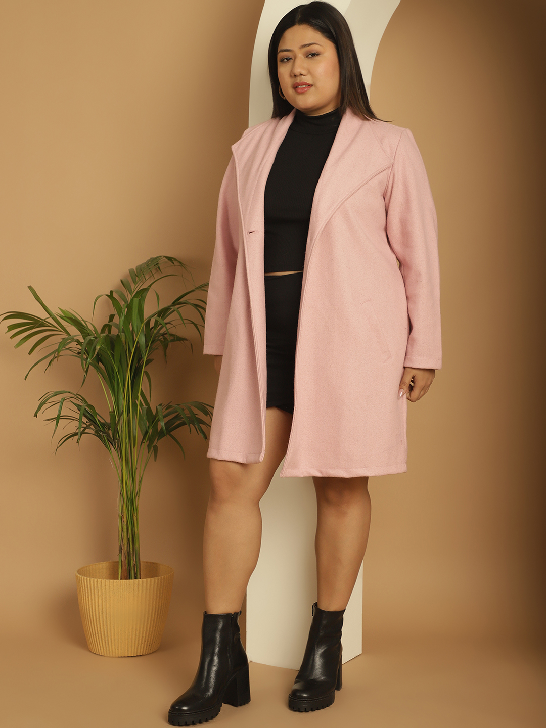 Women's Plus Size Pink Solid Color Single breasted Longline Felt Jacket