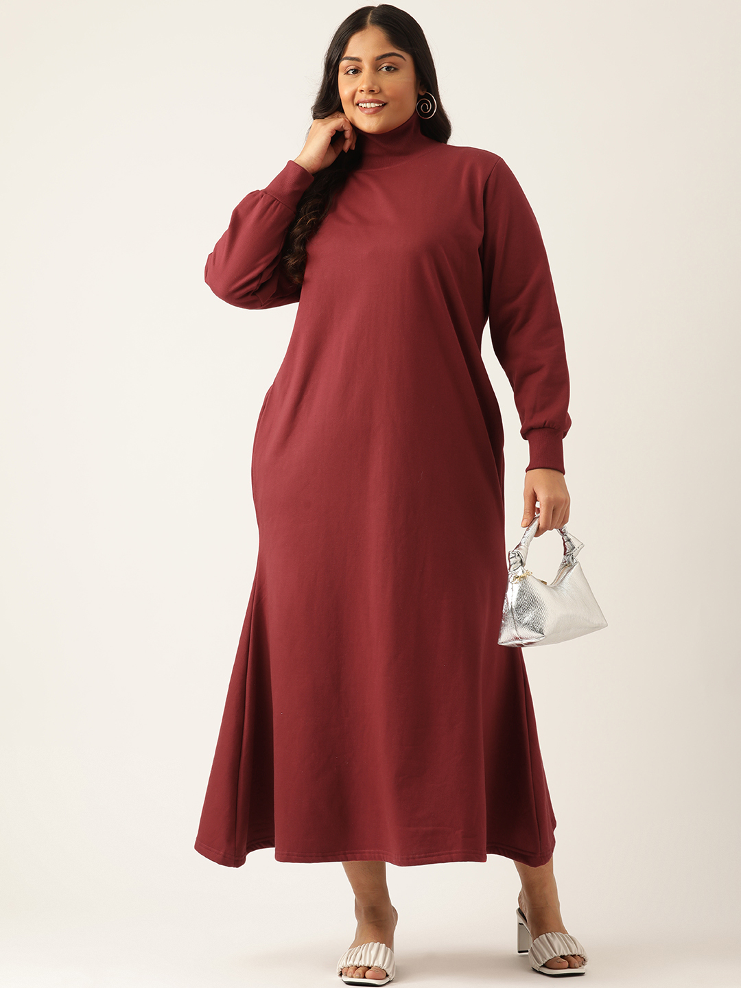 Women's Plus Size Maroon solid color knitted Fleece Maxi Dress