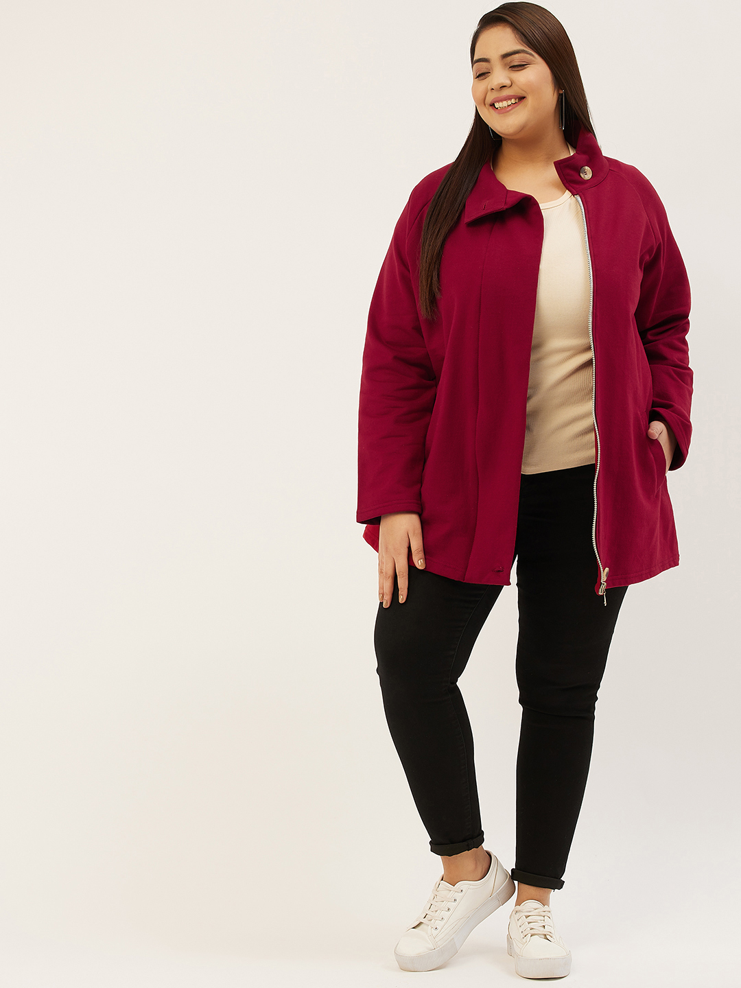 Women's Plus Size Maroon Solid Color Fleece Winter Tailored Jacket