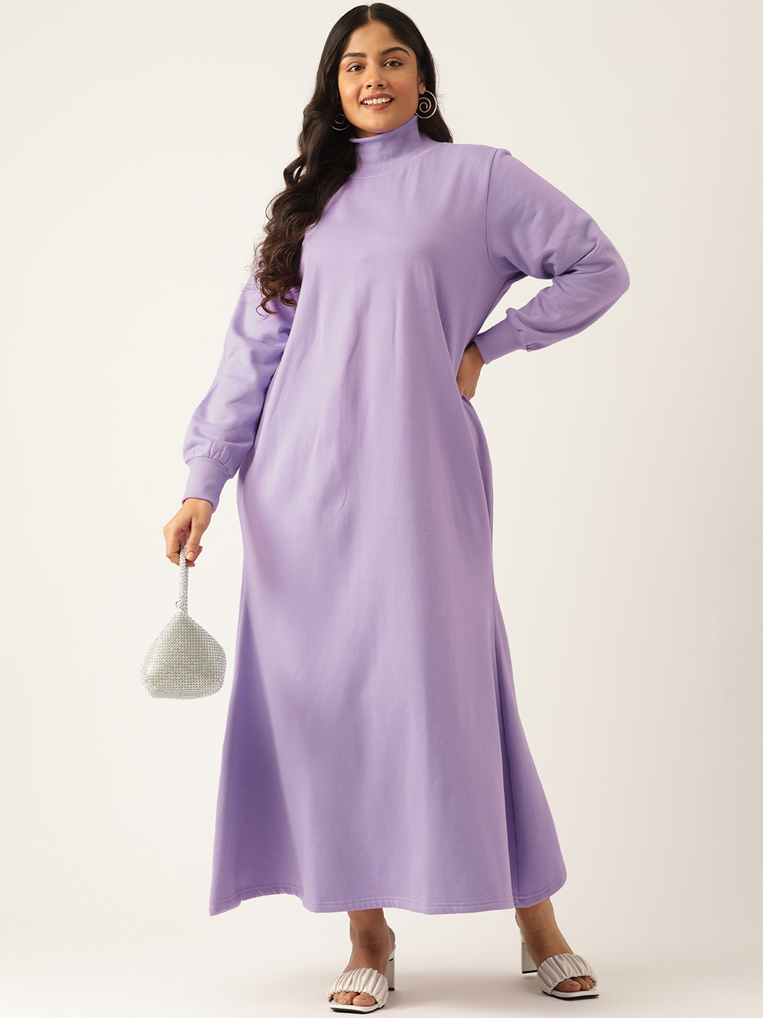 Women's Plus Size Lilac solid color knitted Fleece Maxi Dress