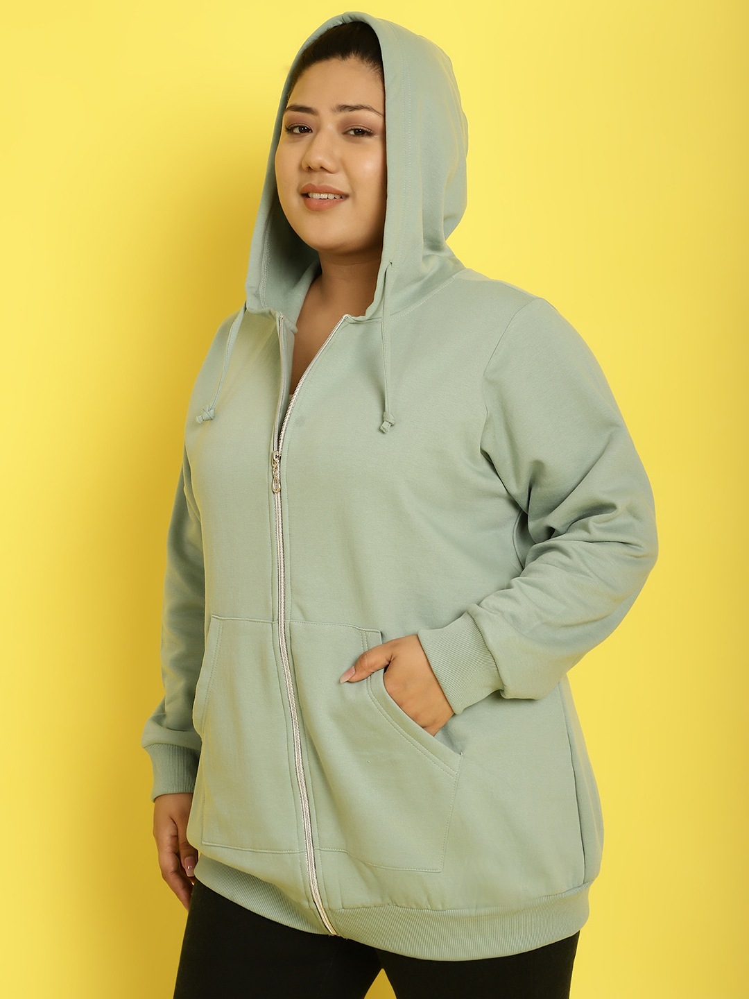 Women's Plus Size Light Green solid color fleece winter jacket
