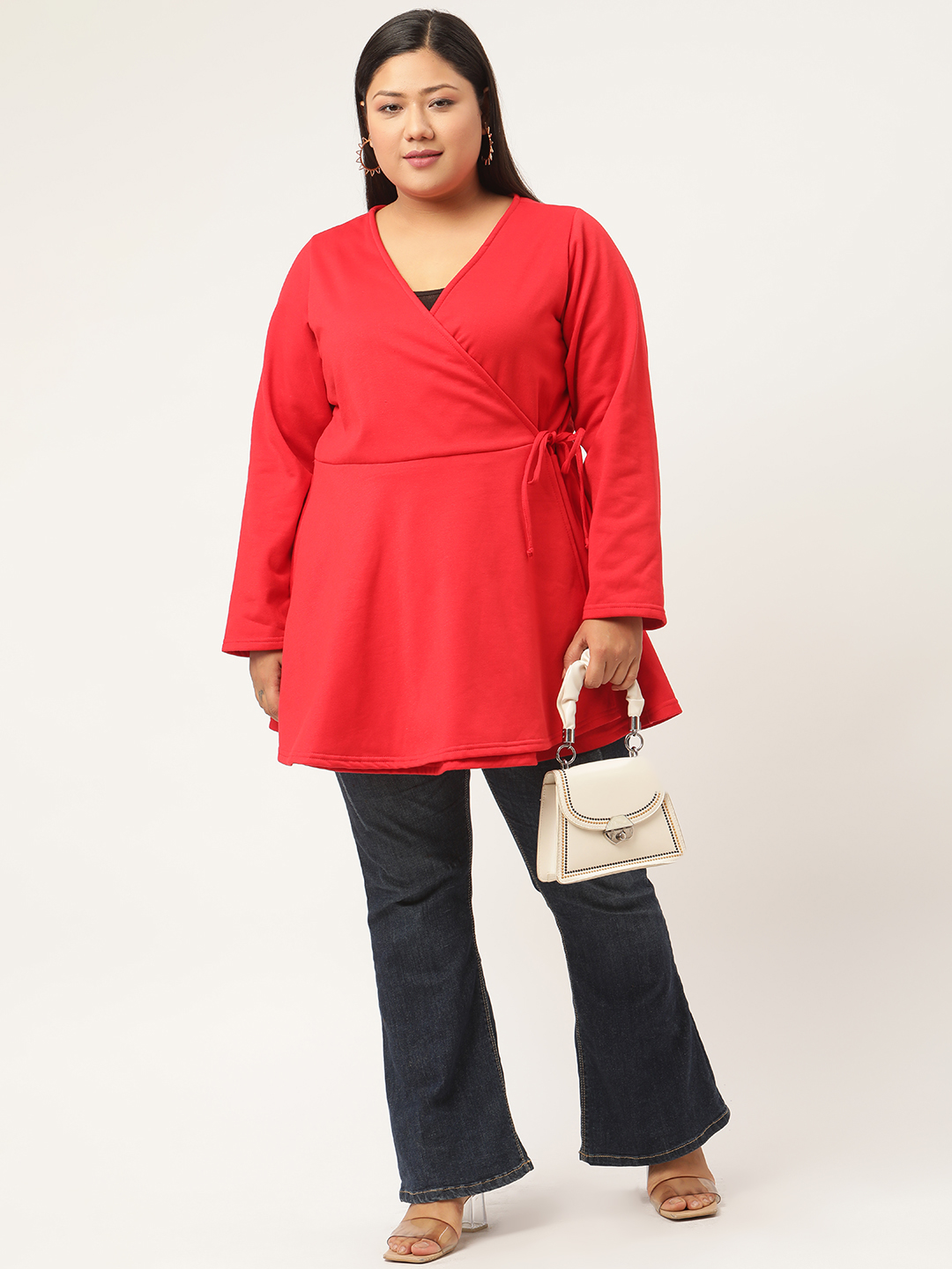 Women's Plus Size Red Solid Color Fleece Peplum Top
